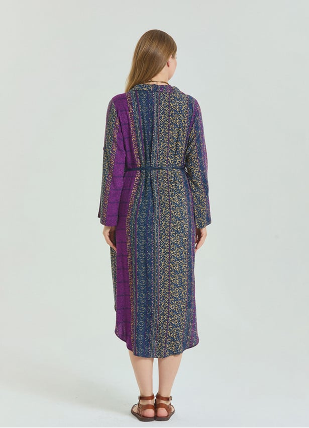 Shirt Collar Belt Detailed Purple Patterned Long Sleeve Plus Size Dress 4612